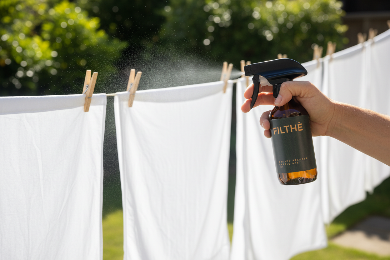 Filthé bottle spraying sheets on clothesline