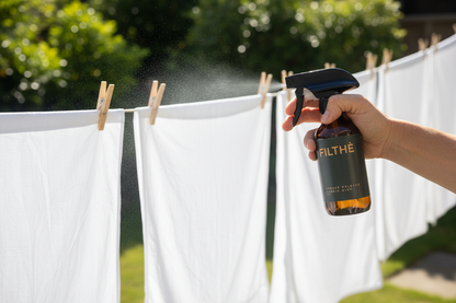 Filthé bottle spraying sheets on clothesline