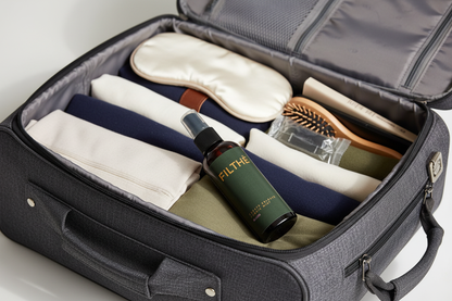 Filthé fabric mist on open travel bag